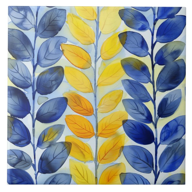 Yellow and Blue Leaves Ceramic Tile (Front)