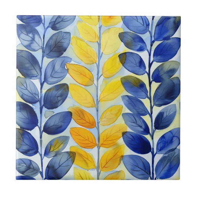 Yellow and Blue Leaves Ceramic Tile (Front)