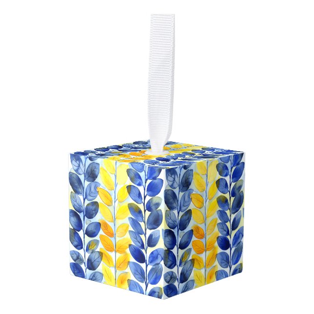 Yellow and Blue Leaves Cube Ornament (Front Angled)