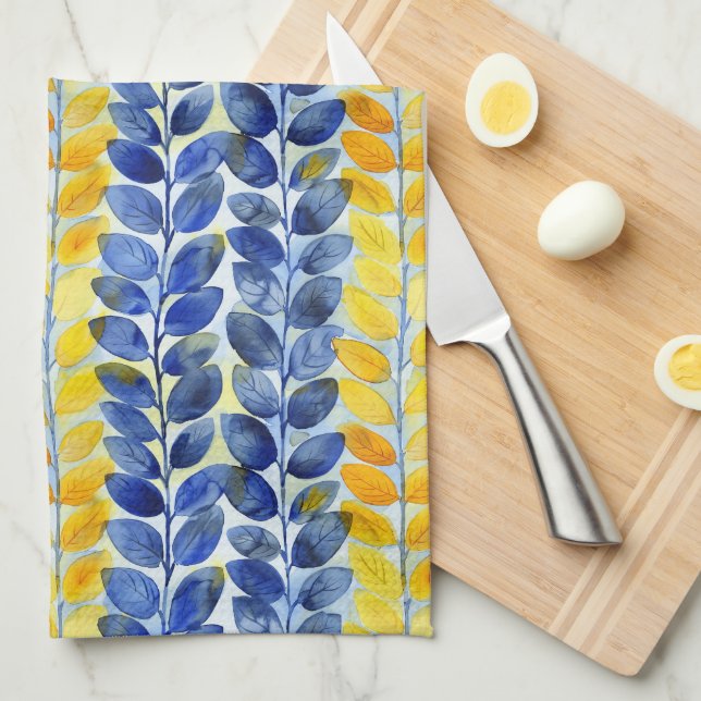 Yellow and Blue Leaves Kitchen Towel (Quarter Fold)