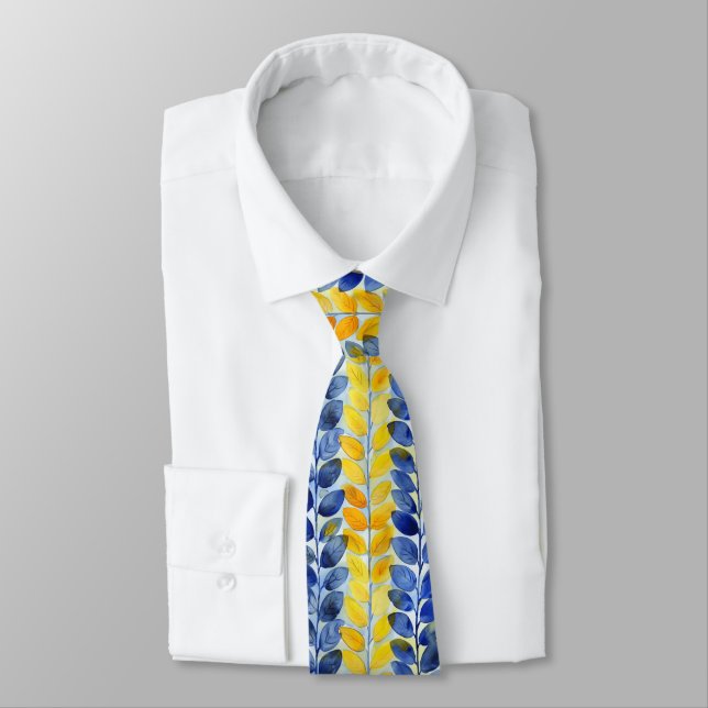 Yellow and Blue Leaves Neck Tie (Tied)
