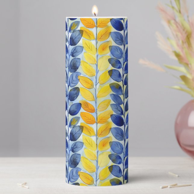 Yellow and Blue Leaves Pillar Candle (In Situ)