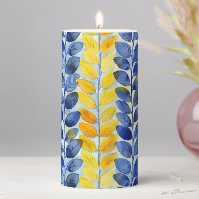 Yellow and Blue Leaves Pillar Candle (In Situ)