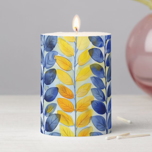 Yellow and Blue Leaves Pillar Candle (In Situ)