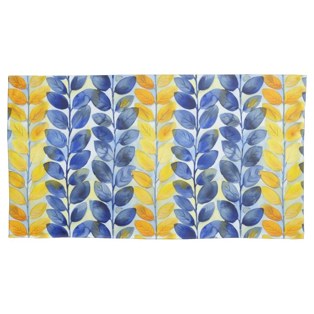 Yellow and Blue Leaves Pillow Case (Front-Left)