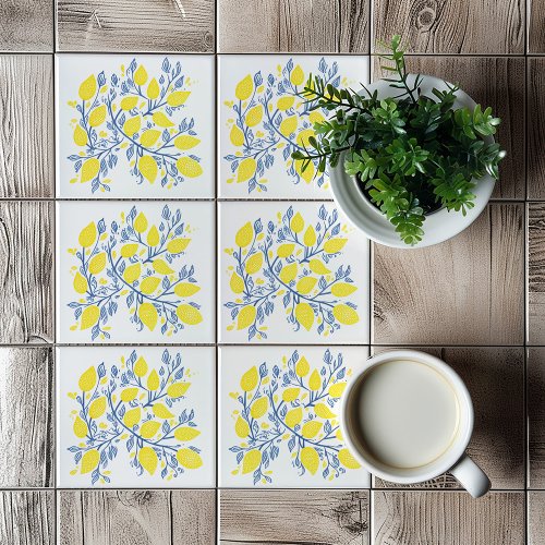 Yellow and blue lemon vines tile