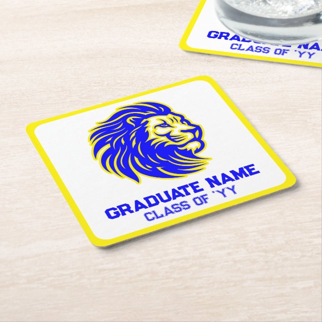 Yellow and Blue Lion Mascot Paper Party Square Paper Coaster (Angled)