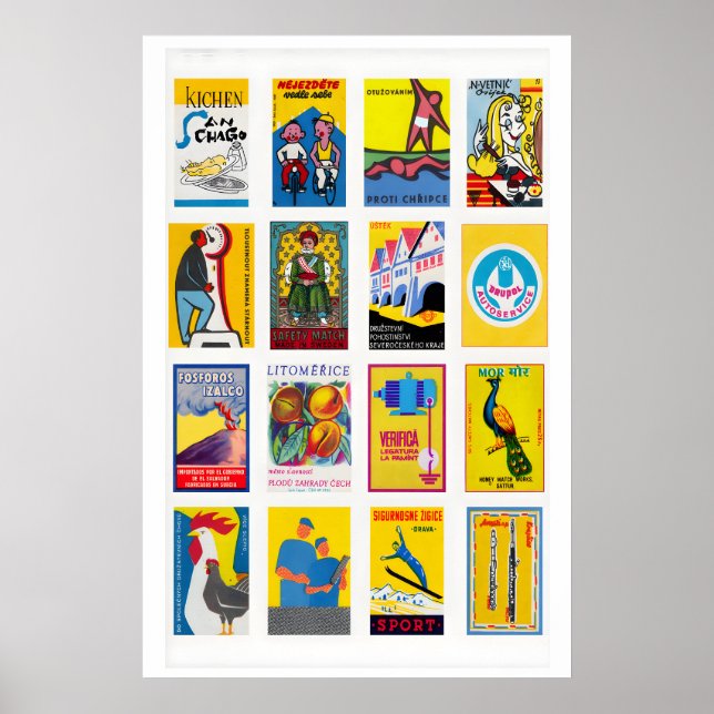 Yellow and Blue Matchbox Label Collage, colorful Poster (Front)
