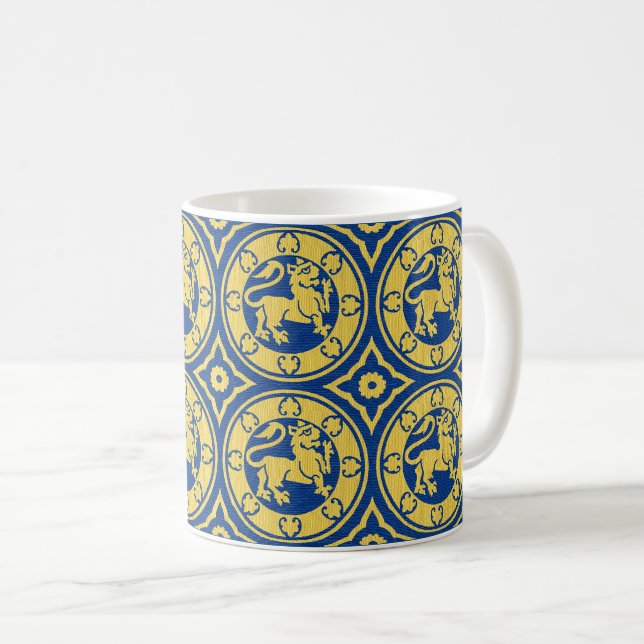 Yellow and Blue Medieval Lions Coffee Mug (Front Right)