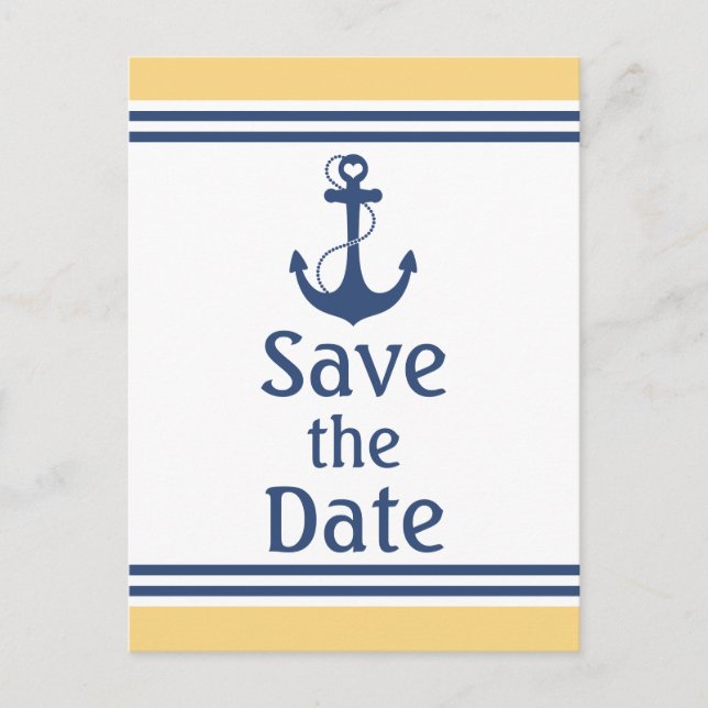 Yellow and Blue Nautical Save the Date Announcement Postcard (Front)