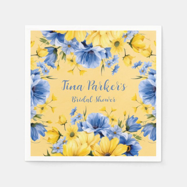 Yellow and Blue Peony Floral Bridal Shower Napkins (Front)