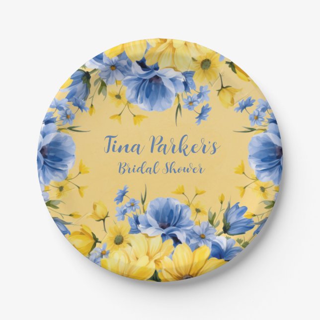 Yellow and Blue Peony Floral Bridal Shower Paper Plates (Front)