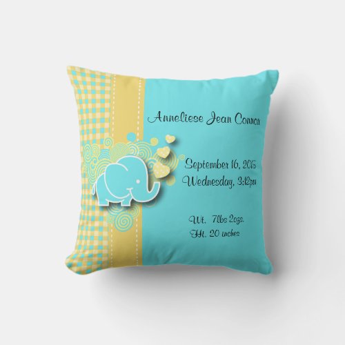 Yellow and Blue Plaid Baby Elephant Nursery Theme Throw Pillow