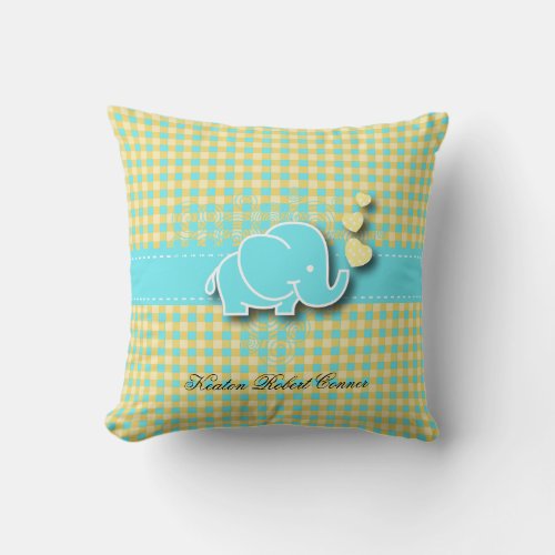 Yellow and Blue Plaid Baby Elephant Throw Pillow