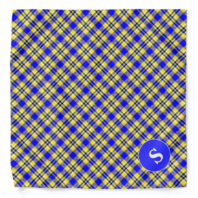 Yellow and Blue Plaid with Monogram Dog Bandana (Front)