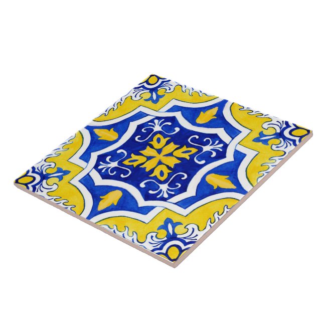 Yellow and Blue Portuguese Ceramic Tile. Tile (Side)