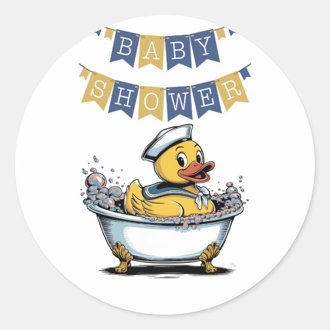Yellow and Blue Rubber Duck Boy Baby Shower Classic Round Sticker (Front)