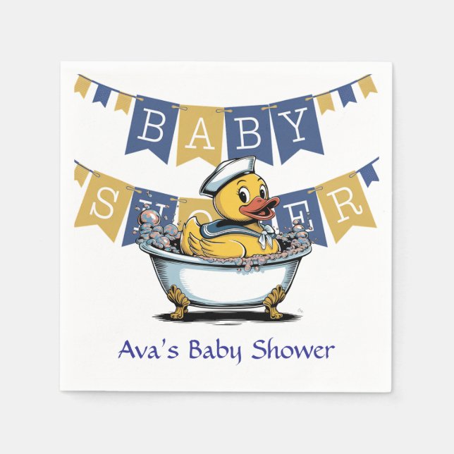Yellow and Blue Rubber Duck Boy Baby Shower Napkins (Front)