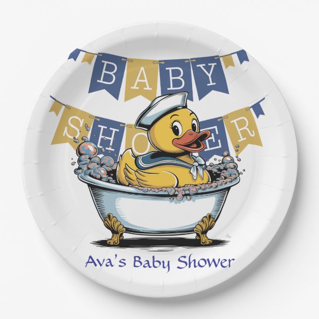 Yellow and Blue Rubber Duck Boy Baby Shower Paper Plates (Front)