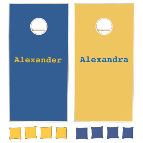 Yellow and Blue solid color w names Cornhole Set