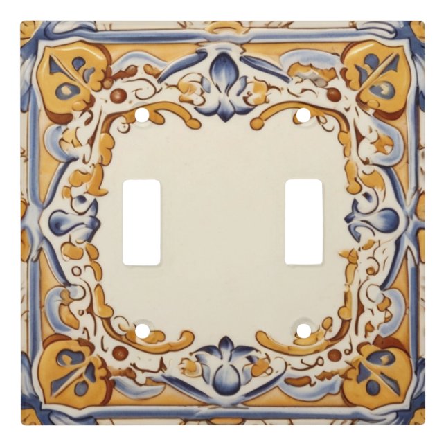 Yellow and Blue Spanish Border Frame Design Light Switch Cover (Front)