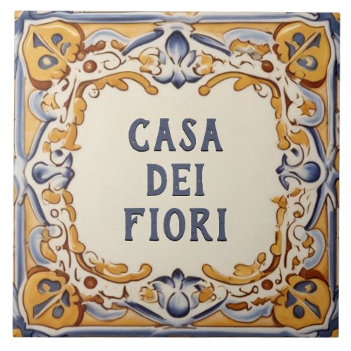 Yellow and Blue Spanish Design House Name Sign Ceramic Tile
