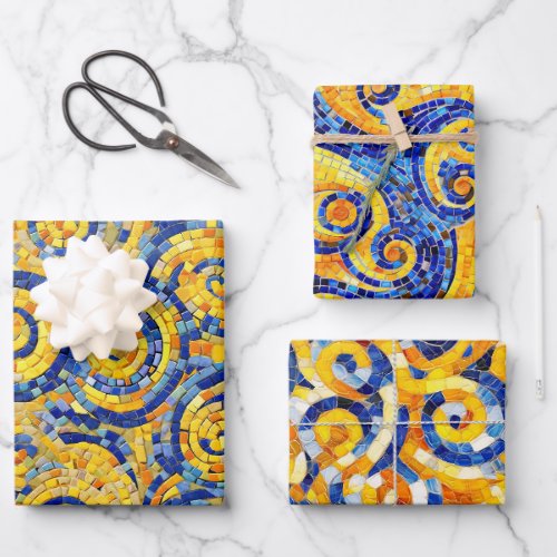 Yellow and Blue Starry Night Mosaic Glass Patterns Wrapping Paper Sheets