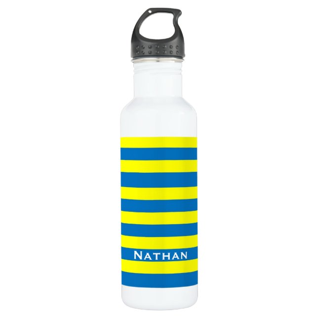 Yellow and Blue Stripes Personalised Stainless Steel Water Bottle (Front)
