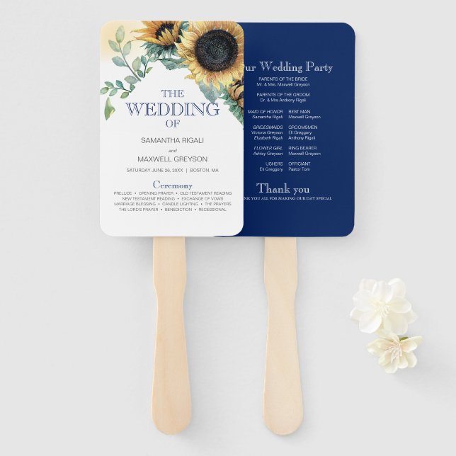 Yellow and Blue Sunflower Wedding  Hand Fan (Front and Back)