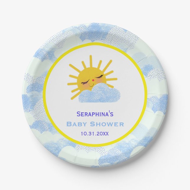 Yellow And Blue Sunshine Clouds Baby Shower Paper Plates (Front)