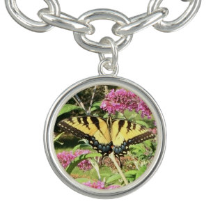 Yellow and Blue Swallowtail Butterfly Pink Flowers Bracelet