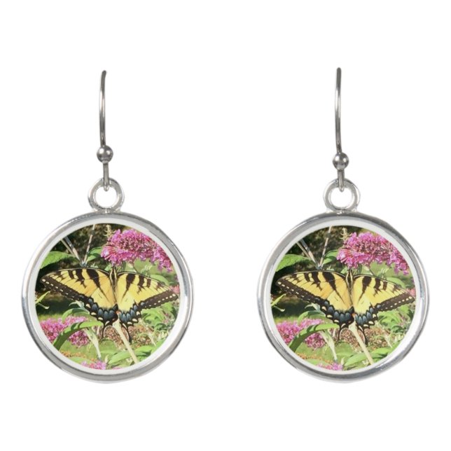 Yellow and Blue Swallowtail Butterfly Pink Flowers Earrings (Front)
