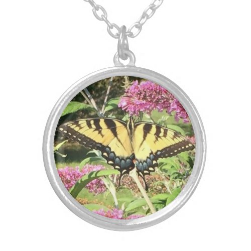 Yellow and Blue Swallowtail Butterfly Pink Flowers Silver Plated Necklace