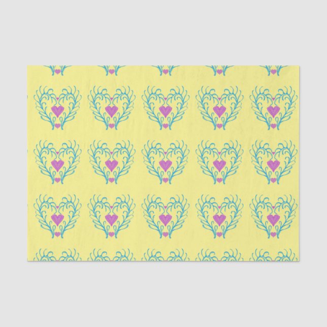 Yellow and Blue Swedish Folk Art Hearts Tissue Paper (Front)