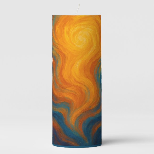 yellow and blue swirl sun energy abstract pillar candle (Front)