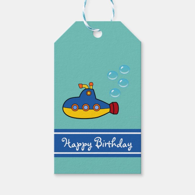 Yellow and Blue Toy Submarine Happy Birthday Gift Tags (Front)