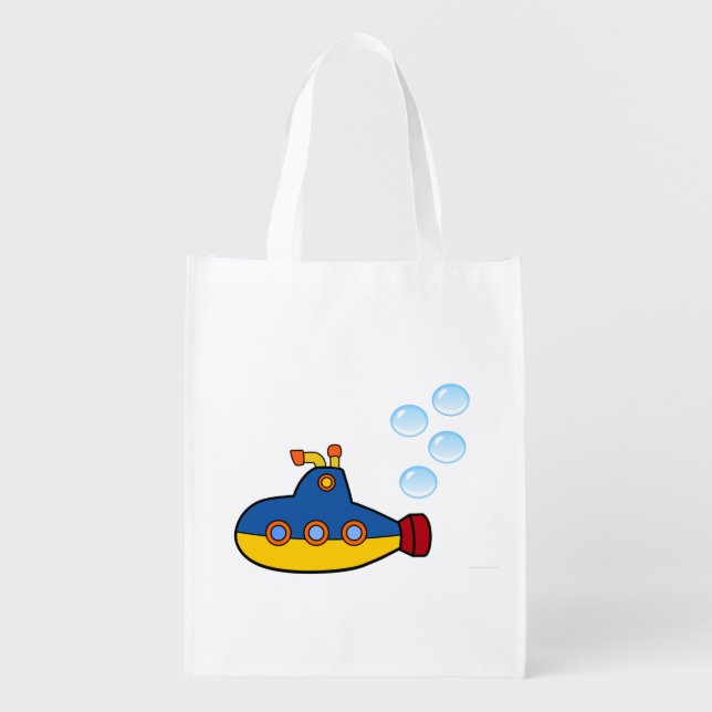 Yellow and Blue Toy Submarine with Water Bubbles Grocery Bag (Front)
