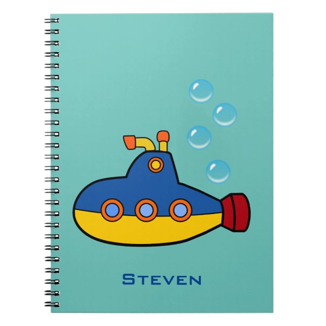 Yellow and Blue Toy Submarine with Water Bubbles Notebook (Front)