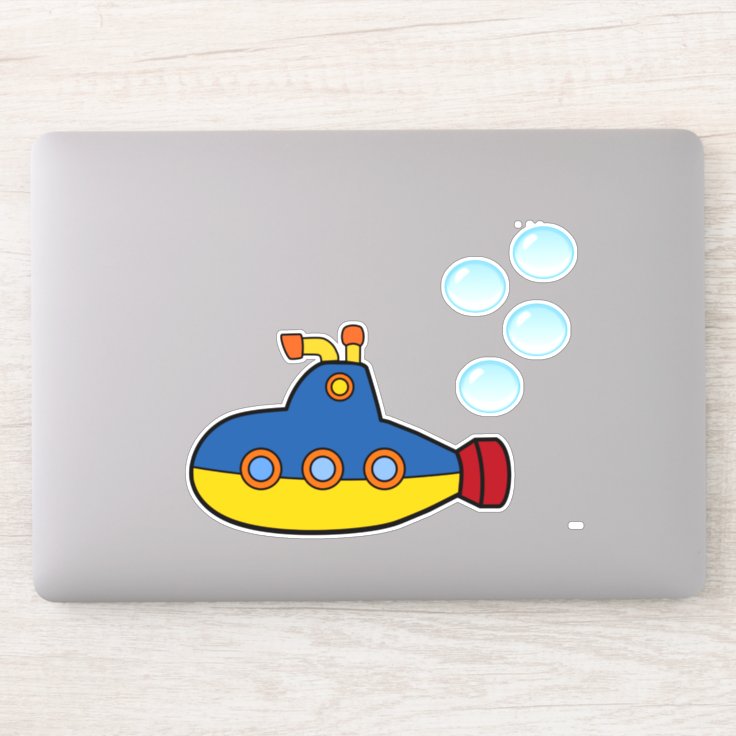 Yellow and Blue Toy Submarine with Water Bubbles Sticker | Zazzle