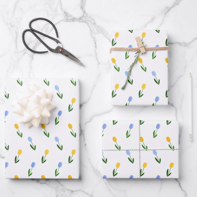 Yellow and Blue Tulip Flower Pattern Wrapping Paper Sheets (Front)
