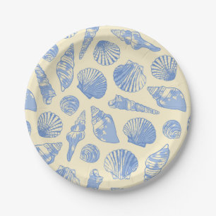 Yellow and Blue Vintage Coastal Seashells Paper Plates