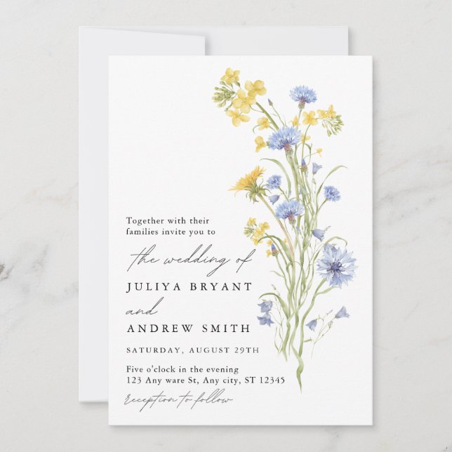 Yellow and blue wildflower wedding  invitation (Front)