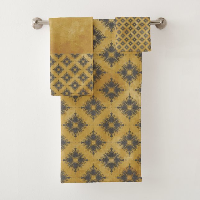 Yellow and Bronze Diamond Burst Pattern Bath Towel Set (Insitu)