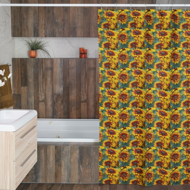 Yellow and Bronze Rudbeckias Floral Pattern Shower Curtain (In Situ Bathroom)