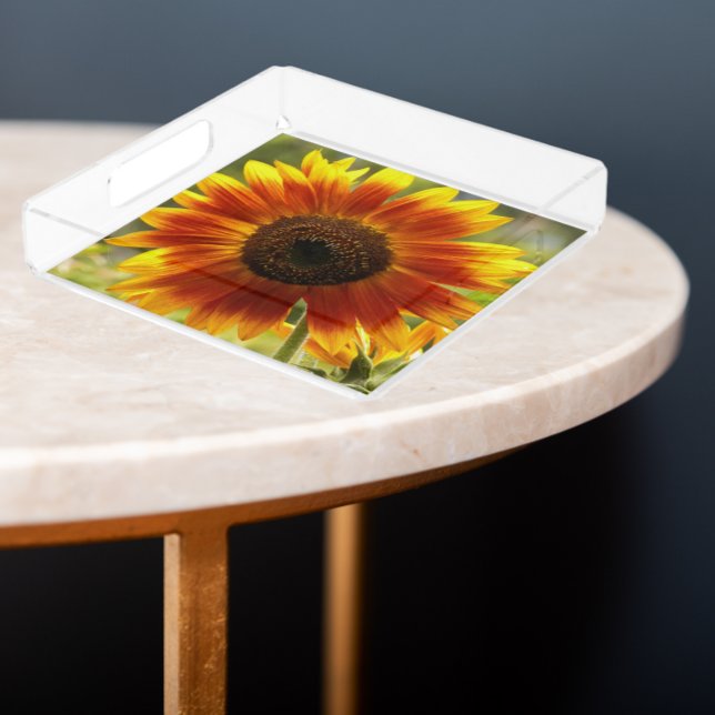 Yellow and Bronze Sunflower Floral Acrylic Tray (In Situ Angled)