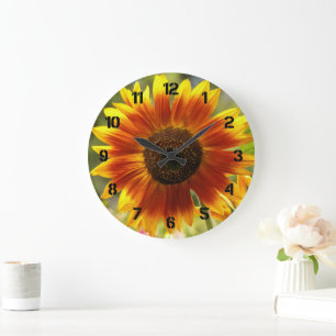 Yellow and Bronze Sunflower Floral Large Clock