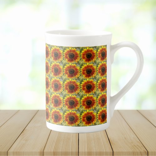 Yellow and Bronze Sunflower Floral Pattern Bone China Mug