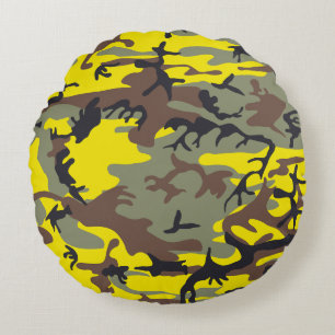 Yellow and Brown Camouflage, Military, Army Round Pillow