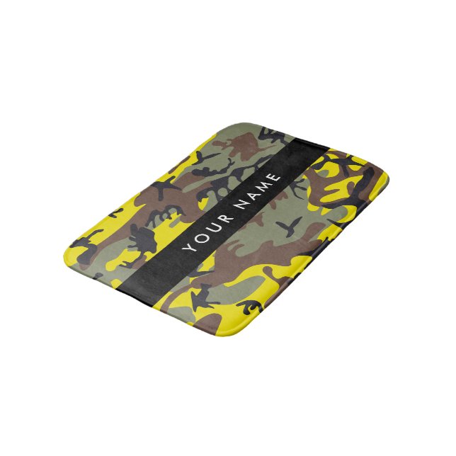 Yellow and Brown Camouflage Your name Personalize Bath Mat (Angled)