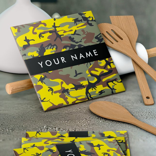 Yellow and Brown Camouflage Your name Personalize Ceramic Tile (Creator Uploaded)